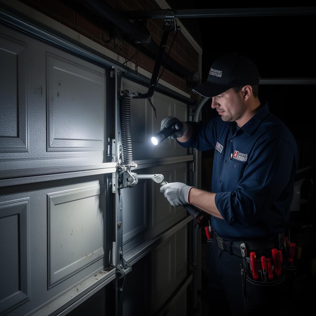 Garage door spring repair in progress - emergency service in Monroe County