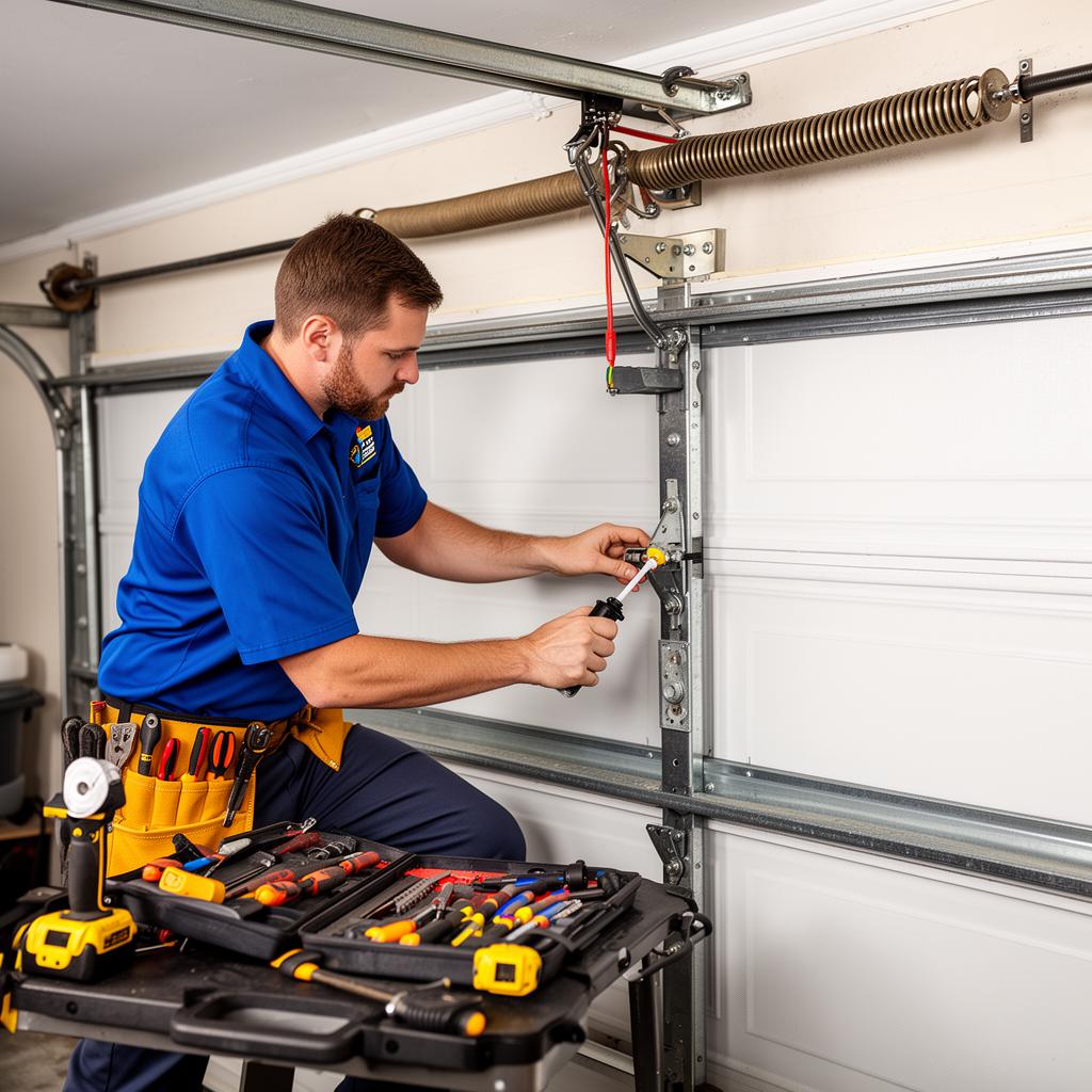 Technician performing garage door maintenance tune-up service