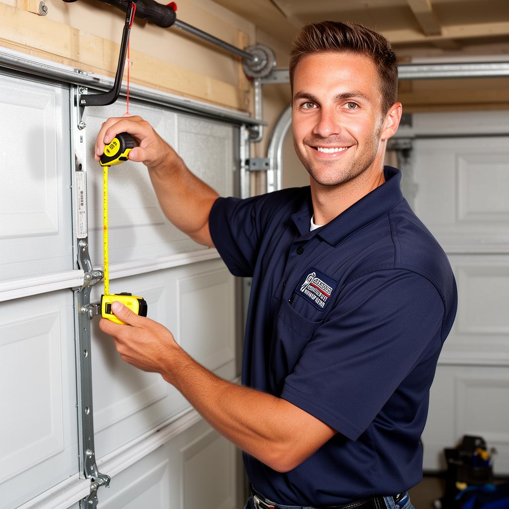 Expert garage door technician measuring for installation in Rochester NY home